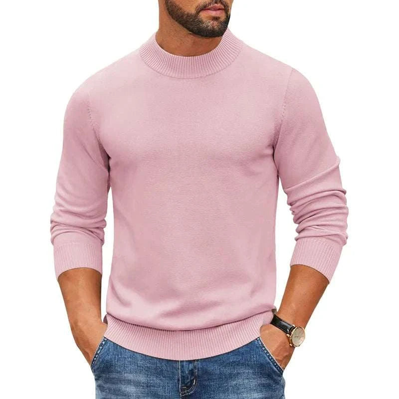 Men's Mock Turtleneck Pink Ribbed Knit Pullover Sweater
